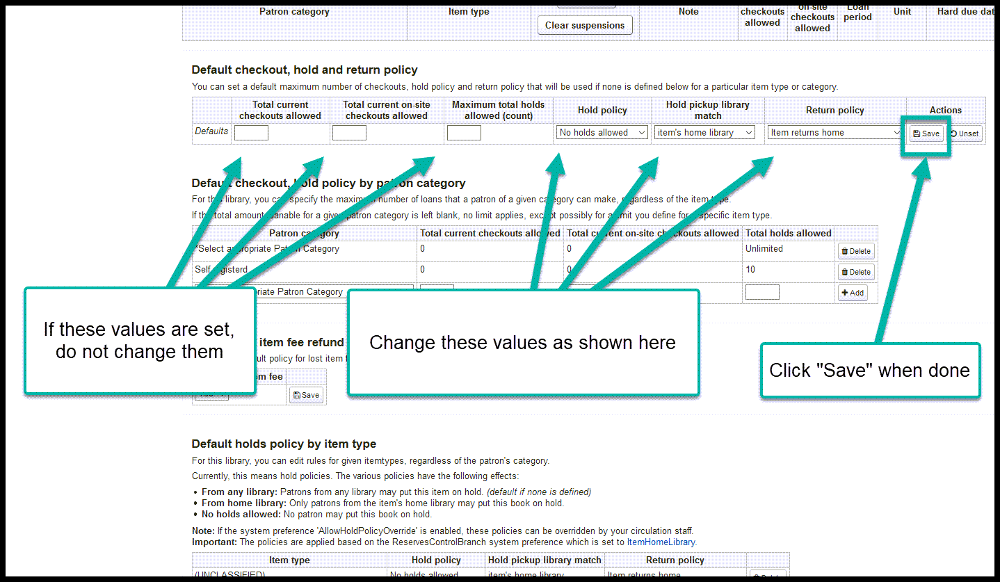 Screenshot of needed settings for Default checkout, hold and return policy