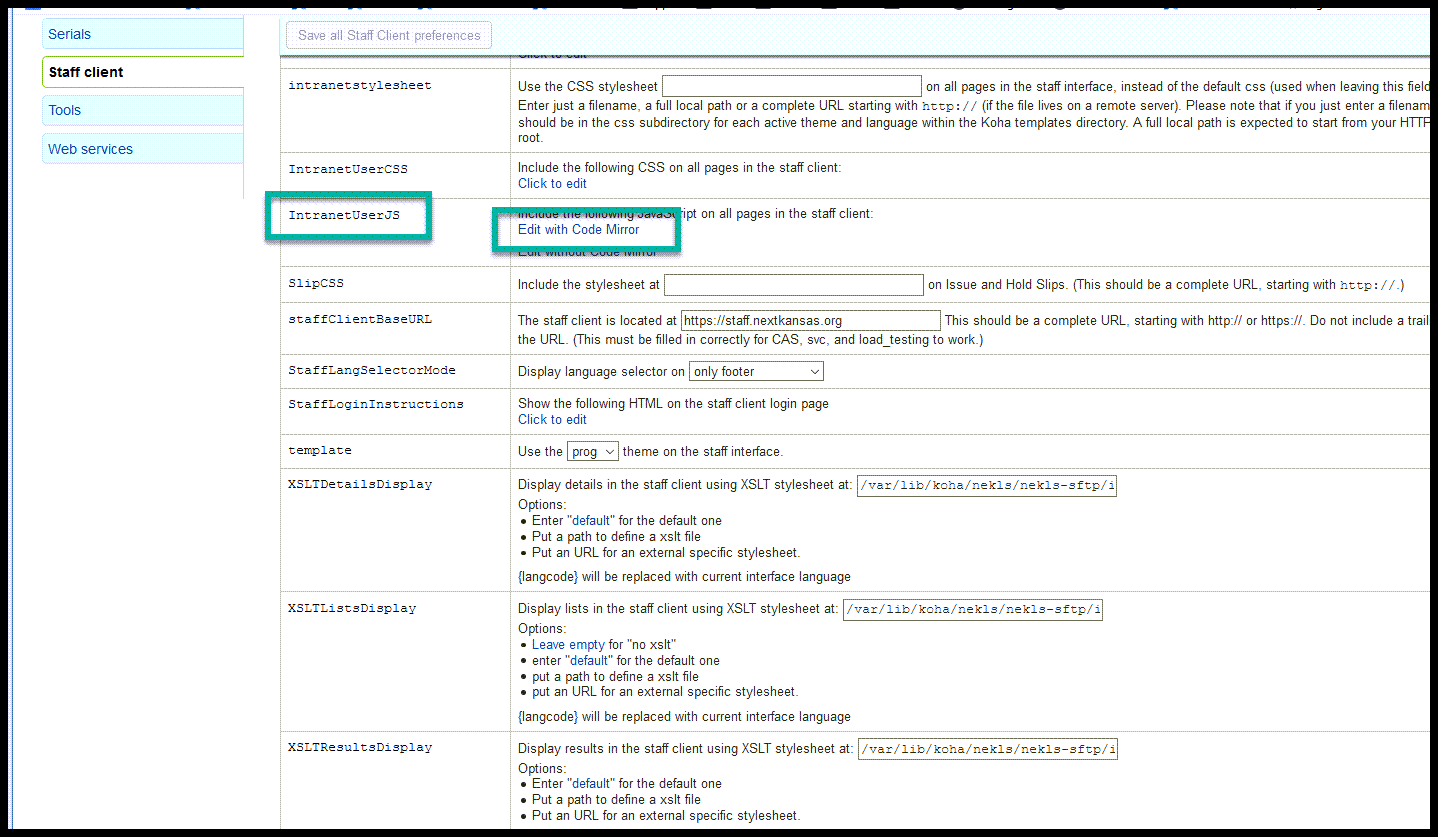 Screenshot of where to find IntranetUserJS system preference