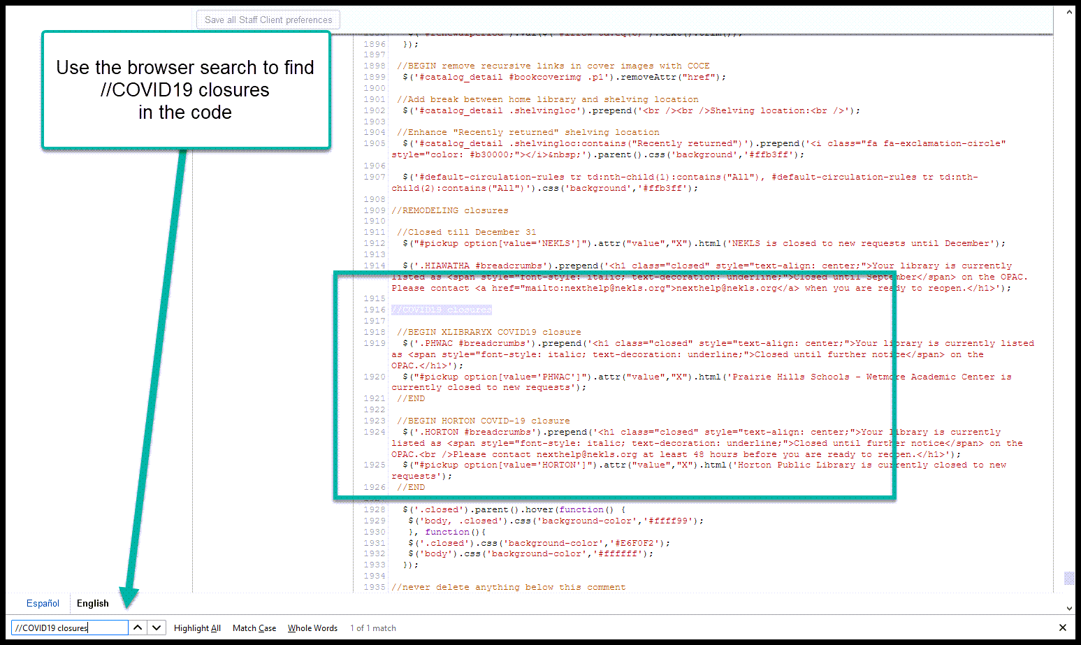 Screenshot of where to find //COVID19 closures