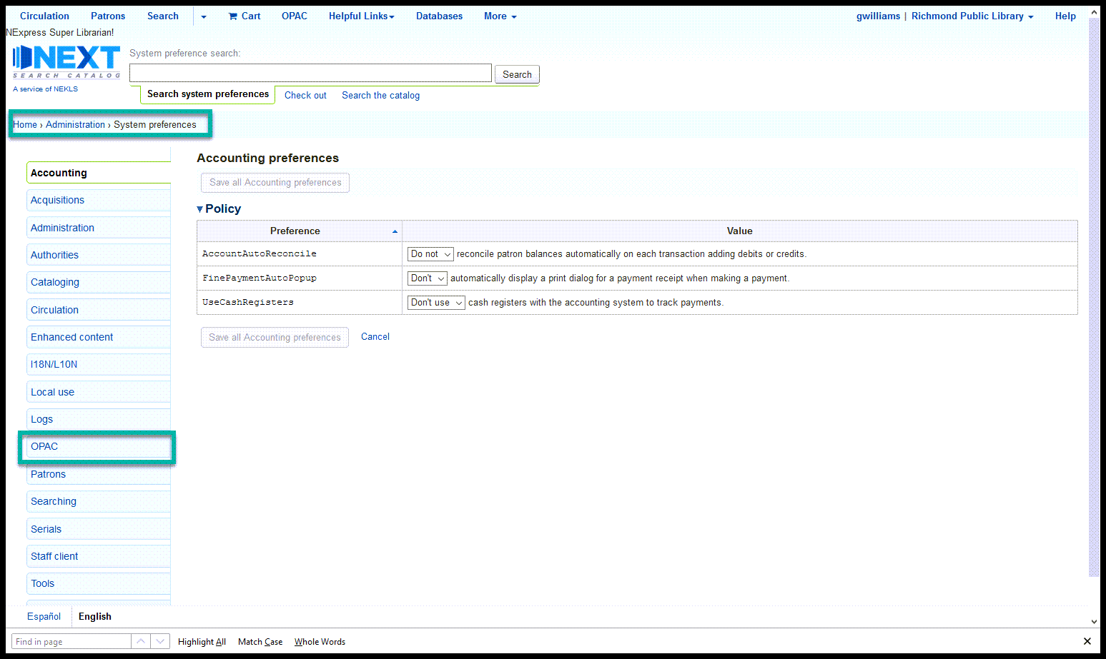 Screenshot of where to find the OPAC tab