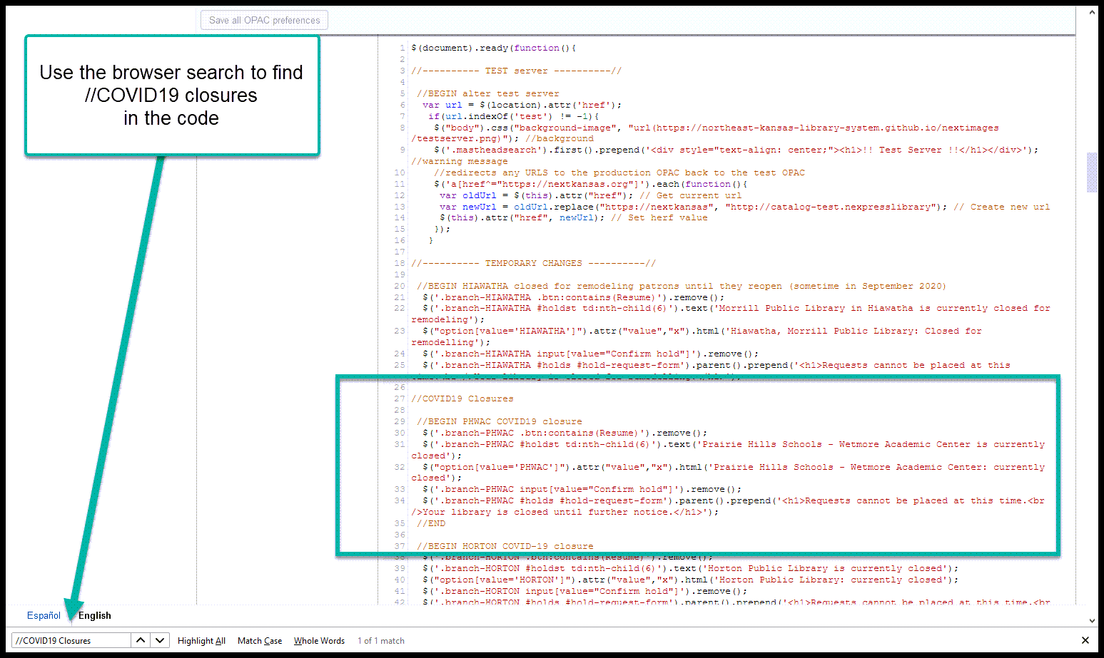 Screenshot of where to find //COVID19 Closures