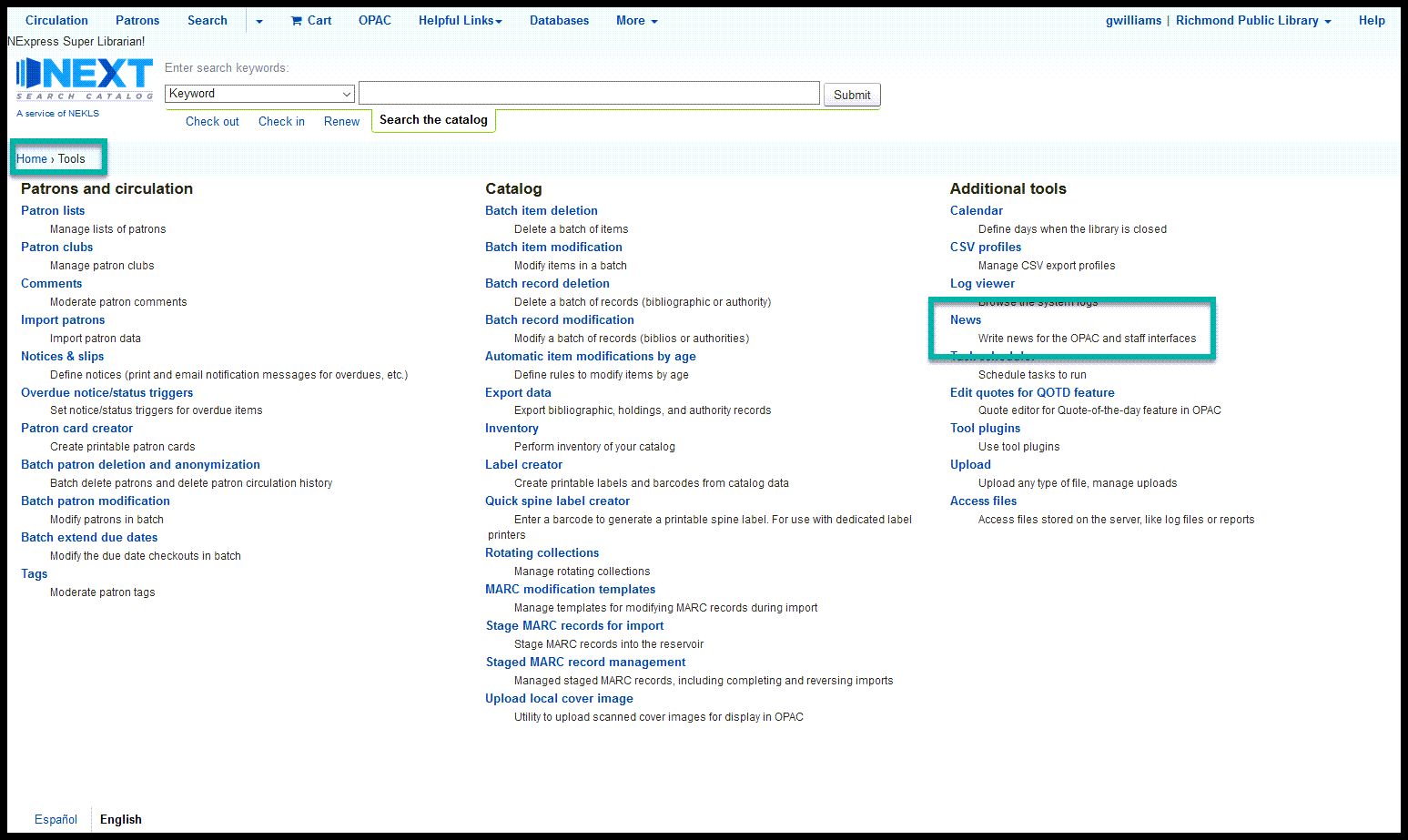 Screenshot of where to find "News" on the tools page