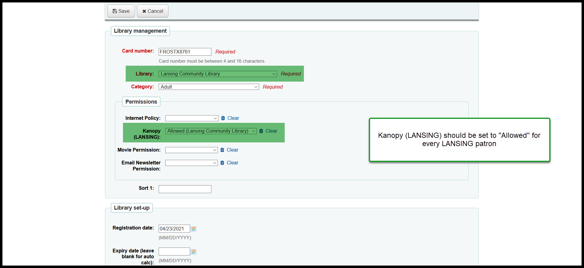 Permissions sub-group - set "Kanopy (LANSING)" to "Allowed (LANSING)"