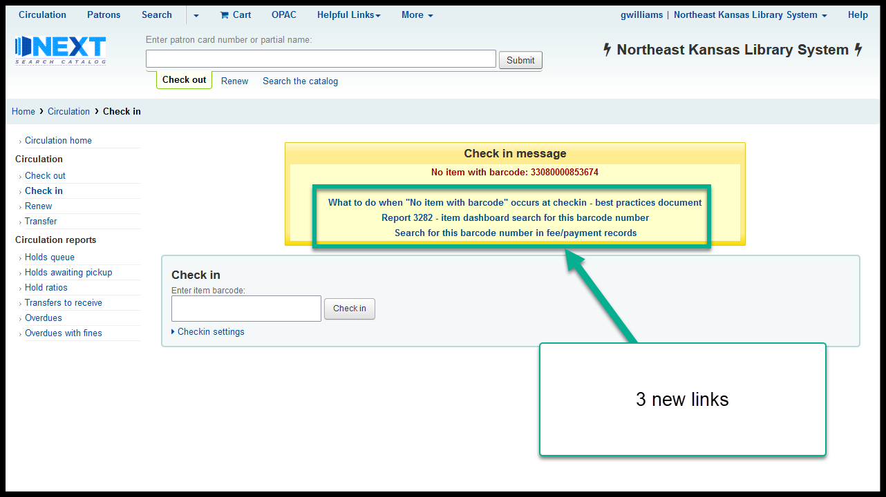 Image shows 3 new links under "No item with barcode . . ." message